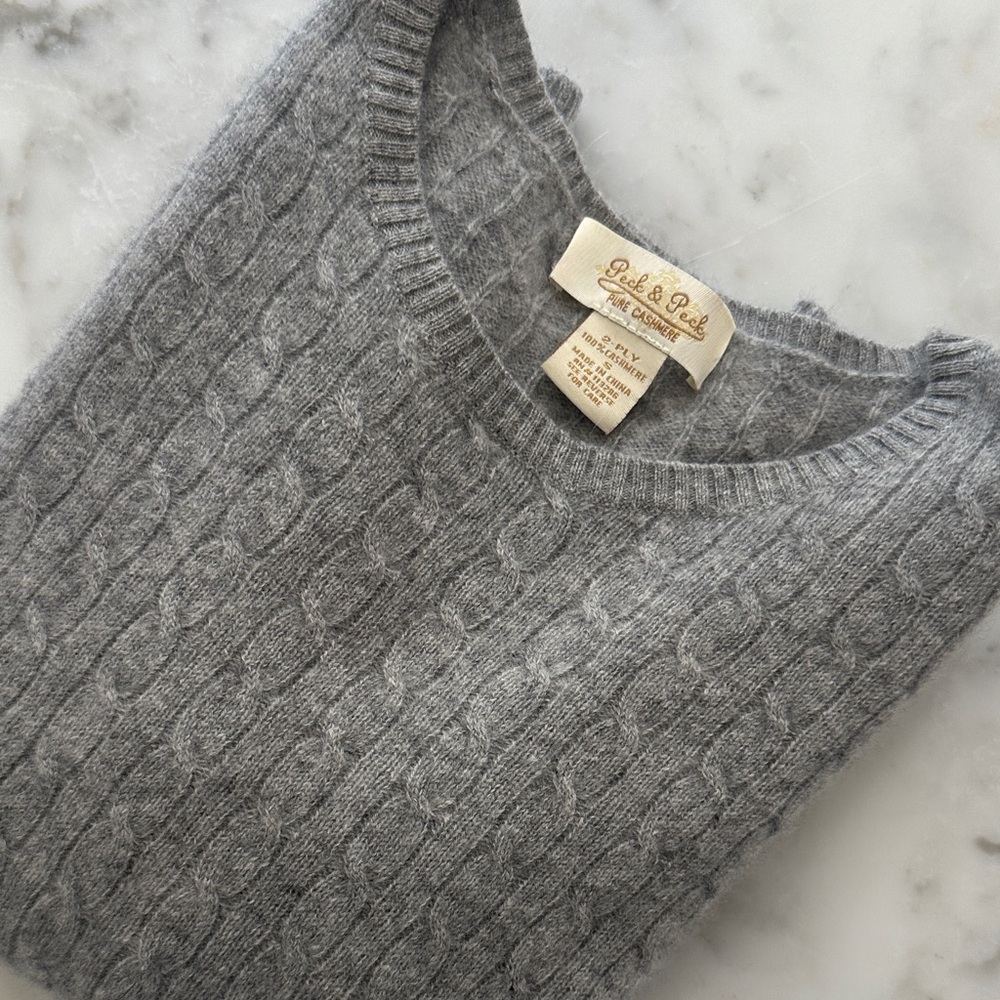 Peck & Peck Women's Soft Gray Cable Knit Sweater 3/4 Sleeve 100% Cashmere